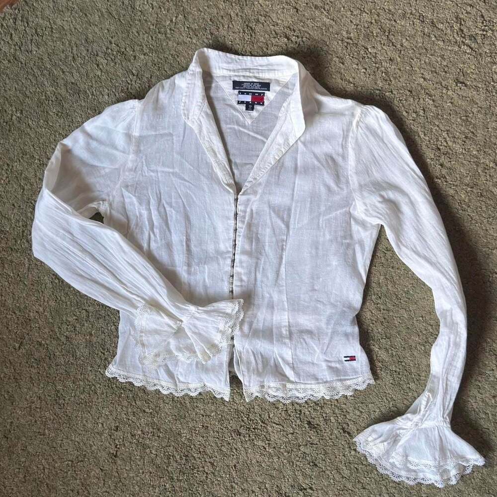Tommy Jeans White Cotton Lace Blouse Hook & Eye Closure XS